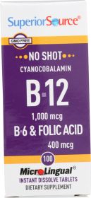 SUPERIOR SOURCE: B12 1000mg B6 and Folic Acid 400mcg, 100 tb